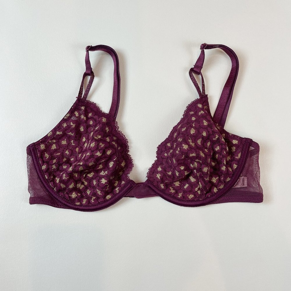 NWOT Victoria's Secret Bra 32C Unlined Demi Purple Lace Leopard B904